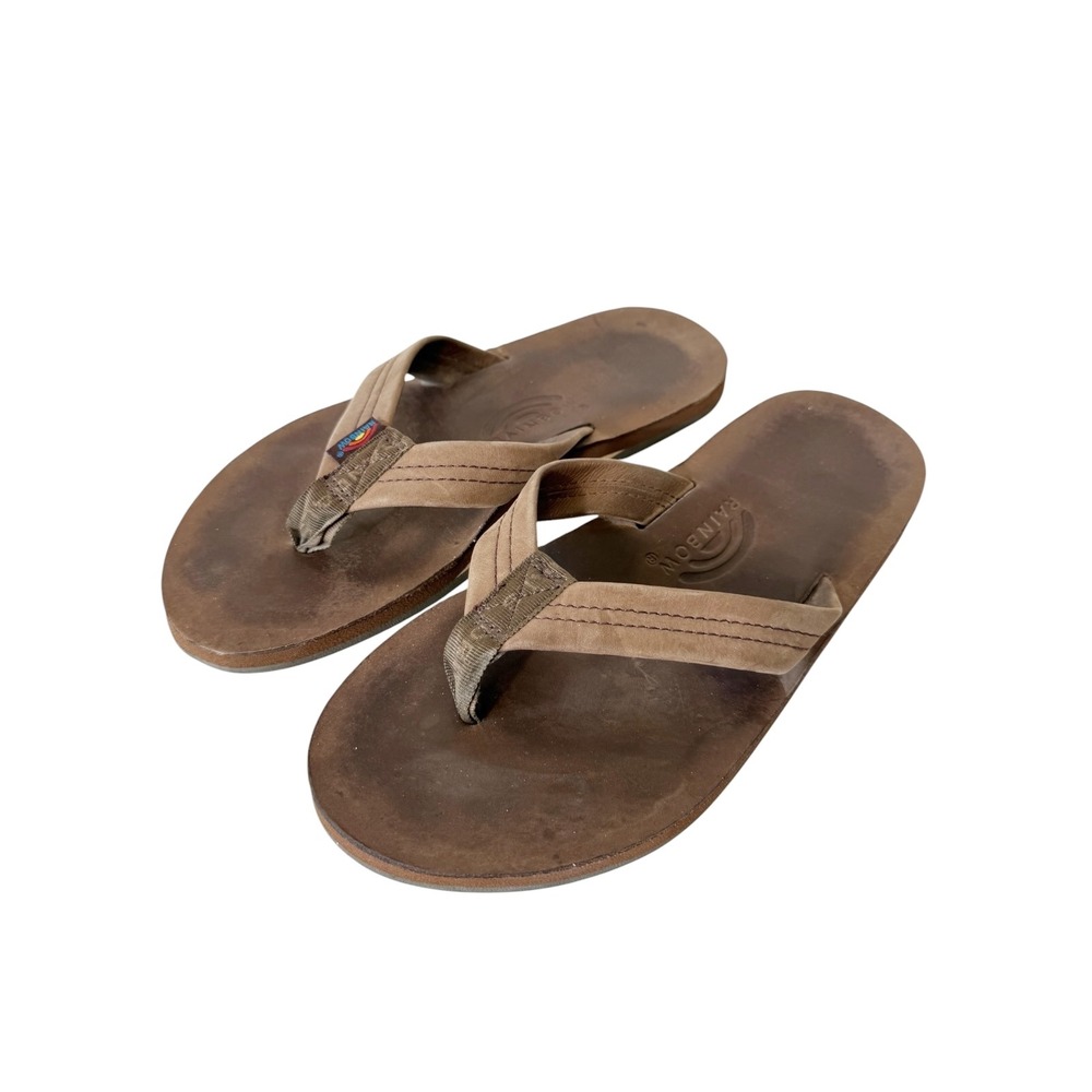 Rainbow Mens Tan Brown Leather Double Layer Flip Flop Sandals Large 9.5-10.5